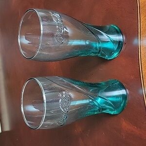 SET of 2 Coca Cola Teal Green Glass Tumblers, 12oz Drinking Glasses